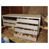 Metal Nut/Bolt Bin, missing two drawers, includes hardware inside various. Does not include items outside of box