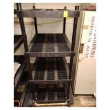 2 - 4 Tier HD Plastic Shelves 55 1/2" H x 36" W x 24" Deep, on 2 - wooden movers dollies each.