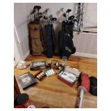 Golfers Lot, 3 Bags, one good, one fair, one poor torn all are older. Approx 35 clubs total, including 2 wooden drivers, others ages vary. Practice balls, EASY NET, Natural Golf instruction pkg., 2 bo