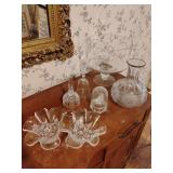 Grouping Glassware 6 pieces, 1 Divided Relish/Nut Dish with scalloped edges, 2 Dinner Bells, one missing inside finger, 1 Bird Cage, 1 Decanter, 1 Layered Salad Bowl
