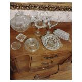 Grouping Glassware, 10 pieces, Lidded Candy Dish, 4 Glasses, Covered Butter, Split 2 compartment Relish Dish, 1 Coaster, 1 Ashtray, 1 Candle holder