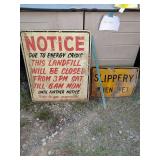 2 Signs, one from "energy crisis" 36" T x 30" W, aluminum, the other a road sign 18" T x 24" W, aluminum and old yard stick from Shainberg