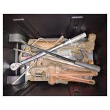 Tool box tote, lid compartments, inside stacking task baskets, on wheels with pulling handle. Full of big HD tools, pipe wrenchs, giant socket ratchet, various specialty hammers, pry bar, wire cutting