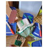 Garrett, 10 - trowel holsters, 18 - 6" trowels, 20 - 7" trowels, 5 more trowels, 12 aprons, 10 probes (previous owner dealer)