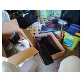 Fisher, box full of parts, 8 belt pouchs, 6 flat blade diggers, 1 digging hoe, 2 metal detector bags NOS previous dealer