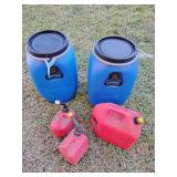 Grouping, 3 gas cans, 2 locking drums