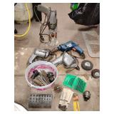 Asst. Drills,  one Hammer Drill, many bits, and hole saws, metal bit caddy