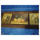 Fruit and Fowl Print, divided into three separate scenes. Appears to be old. 38" x 16". Needs cleaning. Edges of frame have wear.