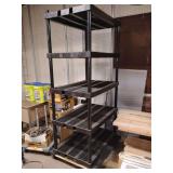 5 Tier HD Plastic Shelf 73" H x 36" W x 24"Deep, on 2 wooden movers dollies. Other contents not included.