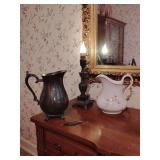 Grouping, 1, Small Lamp no shade, 1, China Pitcher, 1, Silver plated Pitcher, spout broken.