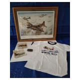 "MEMPHIS BELLE" Memorialbilia Blake Morrison 17 May 1987 commemorative painting framed 29 3/4" x 23 3/4", medium commemorative T- Shirt, commemorative Belt Buckle with brief service story inscribed on