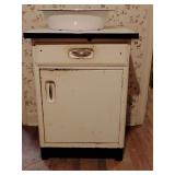 Vintage Metal Cabinet with Porcelain Top 33"T x 24"W x 20"D and Vintage Porcelain Pan 18"L x 13"W x 4 1/2"D