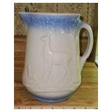 Unique Vintage Blue & White Salt Glaze 8.25" Stoneware Pottery Pitcher w/Deer & Fawn in excellent vintage condition...