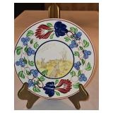 Vintage c 1900 ~ Stick Spatter Rabbitware 9.25" Rabbit Plate VIRGINIA ROSE w/blue flowers and transfer print of rabbits in a field & green frog...