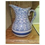 Very large beautiful vintage Blue and White Spongeware Stoneware Pitcher 8" round x 10" tip of spout to back of handle x 11.5" h in excellent vintage condition...