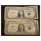 Two(2) Vintage Blue Seal $1 Silver Certificates 1957 & 1957B Series in good/fair condition...