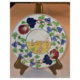 Vintage c 1900 ~ Stick Spatter Rabbitware 9.25" Rabbit Plate VIRGINIA ROSE w/blue flowers and transfer print of rabbits in a field & green frog...