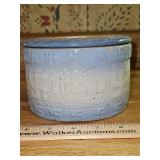 Vintage "Good Luck" "Swirling Logs" Blue & White Salt Glaze Stoneware Pottery Butter Crock w/Lid & NO HANDLE in excellent vintage condition...