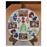 Vintage c 1900 ~ Stick Spatter Rabbitware 9.25" Rabbit Plate VIRGINIA ROSE w/red & blue flowers and four(4) brown transfer prints of rabbit life...