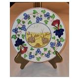 Vintage c 1900 ~ Stick Spatter Rabbitware 9.25" Rabbit Plate VIRGINIA ROSE w/blue flowers and transfer print of rabbits in a field...