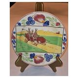 Vintage c 1900 ~ Stick Spatter Rabbitware 9.25" Rabbit Plate VIRGINIA ROSE w/red, blue, and yellow flowers and transfer print of rabbits riding in a jalopy...