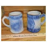 Pair of vintage 4.25" tall blue and white salt glaze stoneware flying bird mugs in very good vintage condition...