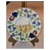 Vintage c 1900 ~ Stick Spatter Rabbitware 9.25" Rabbit Plate VIRGINIA ROSE w/blue flowers and transfer print of rabbits in a field & green frog...