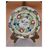 Vintage c 1900 ~ Stick Spatter Rabbitware 9.25" Rabbit Plate PERSIAN ROSE w/blue flowers and hopping rabbits on outer band...