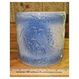 Vintage 7.25" tall blue & white salt-glaze stoneware crock w/Love birds on one side & flying birds on the other in very good vintage condition...
