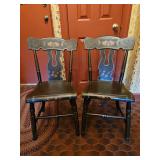 Pair of Vintage 19th Century Style Ebonized and Paint-Decorated American Plank Seat Chairs Measure 15.25" seat w x 13.5" seat d x 18" seat back h x 17" seat h x 33" total h in excellent, sturdy vintag