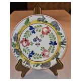Vintage c 1900 ~ Stick Spatter Rabbitware 9.25" Rabbit Plate PERSIAN ROSE w/blue flowers and rabbits & green frogs on outer band...