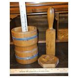 Vintage Early 19th c Staved(Banded) Butter Mold 6x4.5" w/Pewter Bands, Stamp, & Square Plunger...