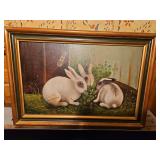 Beautiful Vintage Framed 21.25x14.75" Original Oil-on-Board of 3 White Rabbits by UNK Artist(I can