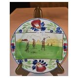 Vintage c 1900 ~ Stick Spatter Rabbitware 9.25" Rabbit Plate VIRGINIA ROSE w/red, blue, and yellow flowers and transfer print of rabbits playing golf...