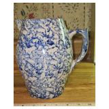 Vintage Blue & White Spongeware Pottery 7.5" Tall Pitcher in excellent vintage condition...
