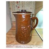 VERY RARE WITH LID Vintage Brown Stoneware Pottery Pitcher w/Grape & Trellis Design 10.5" tall w/Lid in excellent vintage condition...