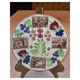Vintage c 1900 ~ Stick Spatter Rabbitware 9.25" Rabbit Plate VIRGINIA ROSE w/red & blue flowers and four(4) brown transfer prints of rabbit life...