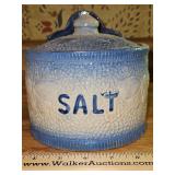 Vintage Blue & White Salt Glaze Stoneware Salt Crock w/Lid & Butterflies in very good vintage condition...
