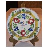 Vintage c 1900 ~ Stick Spatter Rabbitware 9.25" Rabbit Plate PERSIAN ROSE w/blue flowers and rabbits & green frogs on outer band...