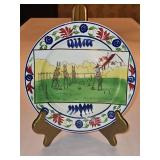 Vintage c 1900 ~ Stick Spatter Rabbitware 9.25" Rabbit Plate w/red and blue flowers and transfer print of rabbits playing croquet...