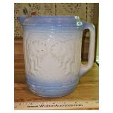 Vintage Brush McCoy "Avenue of Trees" Blue & White Salt Glaze Stoneware 7.5" Pitcher in good/fair vintage condition w/chips around the top and a crack...