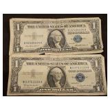Two(2) Vintage Blue Seal $1 Silver Certificates 1957 & 1957B Series in good/fair condition...