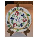 Vintage c 1900 ~ Stick Spatter Rabbitware 9.25" Rabbit Plate PERSIAN ROSE w/blue flowers and rabbits & green frogs on outer band...