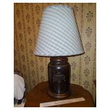 Beautiful vintage stoneware pottery table lamp 8" wooden base x 11" h x 25" total h & 14" round shade w/Etched Early American Eagle Motif in excellent vintage condition...