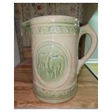 Vintage 8" tall yelloware salt-glaze stoneware pitcher grazing cows pattern in excellent vintage condition...
