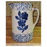 Vintage Floral and Spongware Salt Glazed Stoneware 9" Pitcher in good vintage condition w/crack...