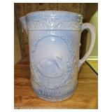 Vintage 8" tall blue & white salt-glaze stoneware pitcher in good/fair vintage condition w/some cracks but still awesome for flower arrangements...
