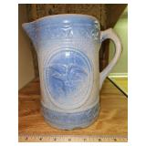 Vintage 8" tall blue & white salt-glaze stoneware pitcher in very good vintage condition...