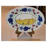 Vintage c 1900 ~ Stick Spatter Rabbitware 14.5 x 10.25" Rabbit Platter BULLSEYE PATTERN w/raspberry & green flowers and transfer print of rabbits in a field & green frog w/hanger...