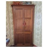 Gorgeous Vintage Blind Door Cherry(?) Corner Cabinet 45 x 26 center from corner x 32.25 side from corner 86" in excellent vintage condition CONTENTS IN AND ON NOT INCLUDED...